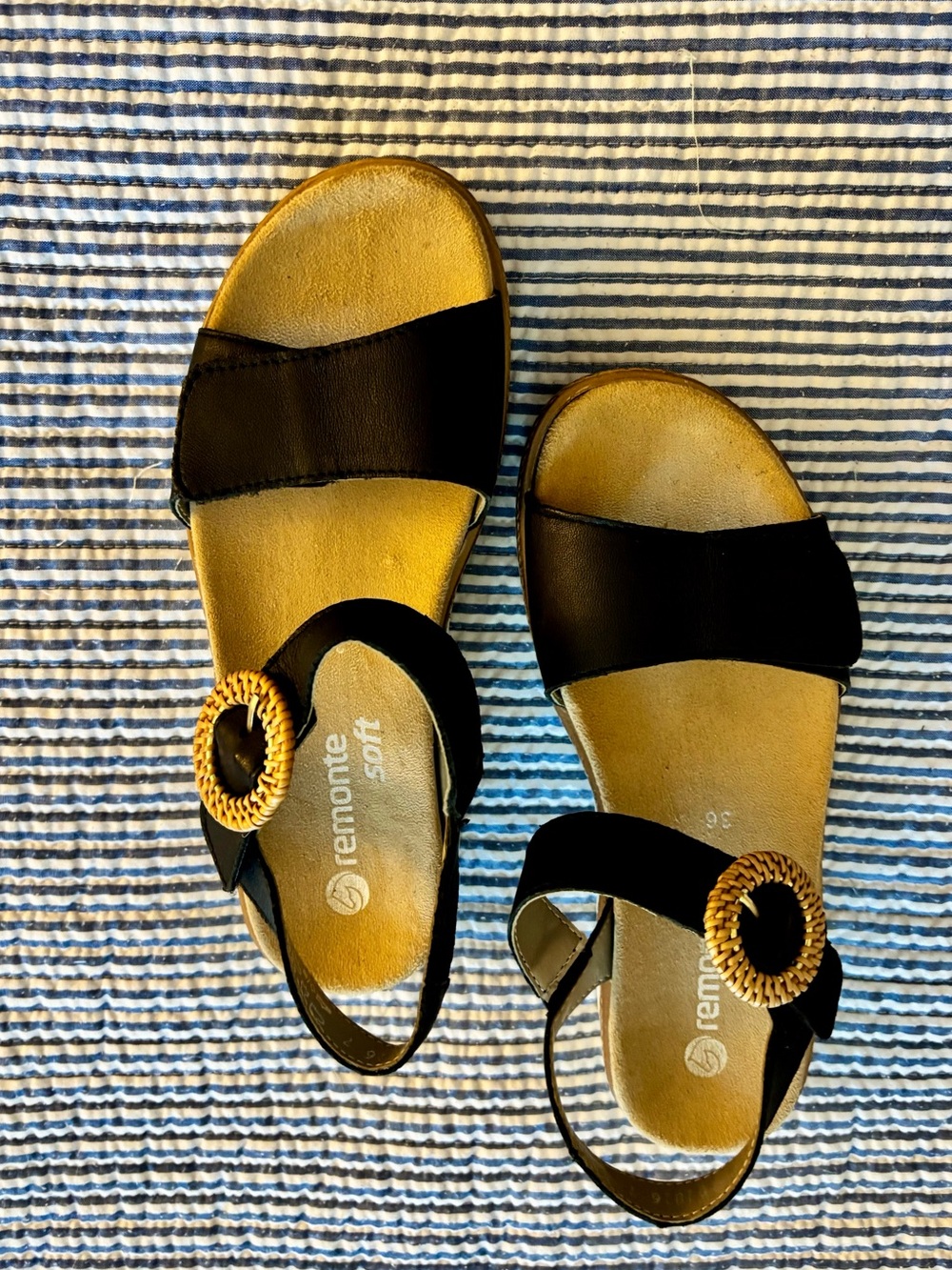 Remonte Black Leather Sandals with Woven Gold Buckle